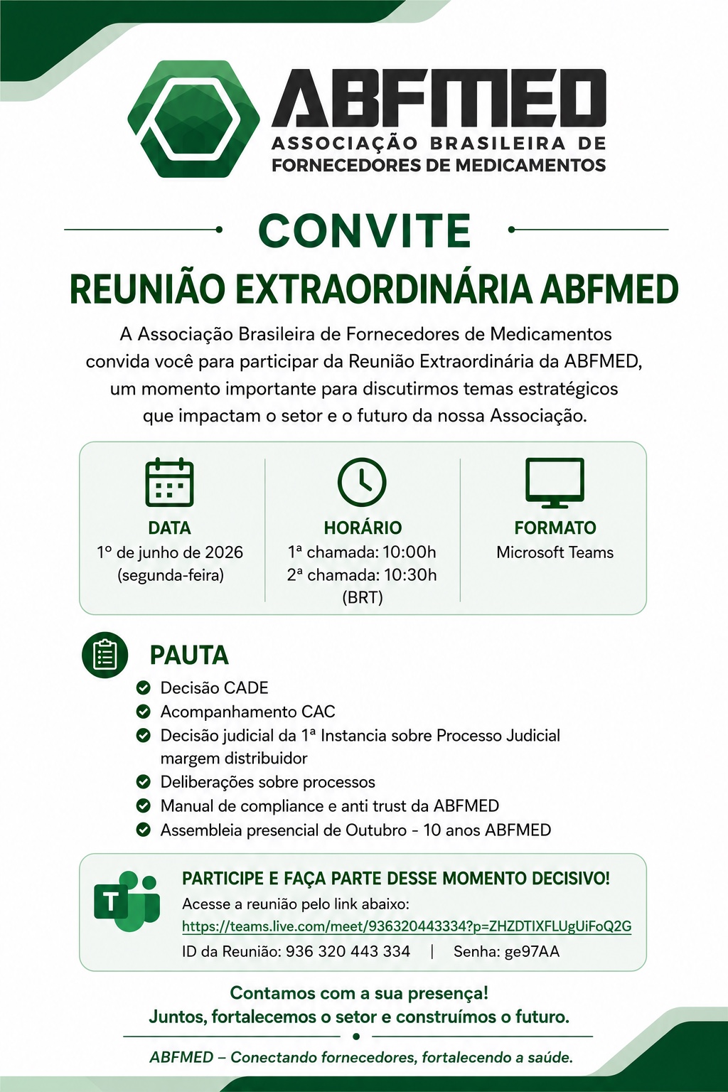 Convite da Reunião Extraordinária da ABFMED de 1º de junho de 2026