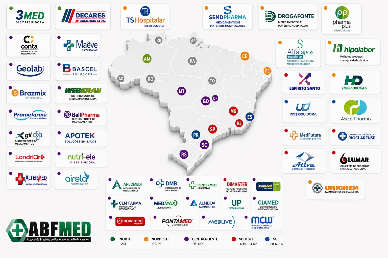 Mapa 2026 dos associados da ABFMED distribuídos pelas regiões do Brasil